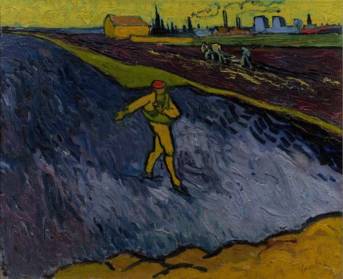 Painting of a figure sowing seeds in a field