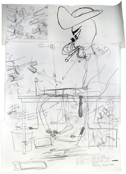 a drawing with black, hand-drawn images on several pieces of white paper, taped together. simple lines sketch out several drawings across the paper, with words written as well. An image of a man with a hat, seated, with his leg outstretched is the largest, central figure. 