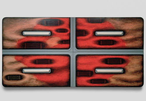 Tishan Hsu, Cell, 1987. Acrylic, compound, oil, alkyd, vinyl, aluminum on wood. 96 x 192 x 4 inches (244 x 488 x 10 cm). Collection of Ralph Wernicke / Hubertushoehe art + architecture, Berlin and Zürich.