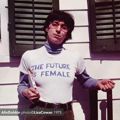 Photo of Alix Dobkin ©Liza Cowan 1974. T-shirt by Labyris Books, NYC.