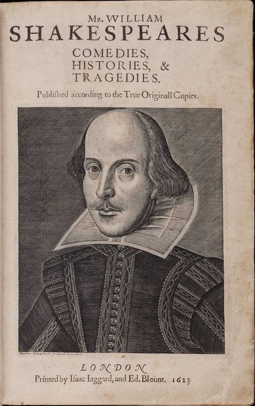 Title page of the First Folio, by William Shakespeare, with copper engraving of the author by Martin Droeshout. 