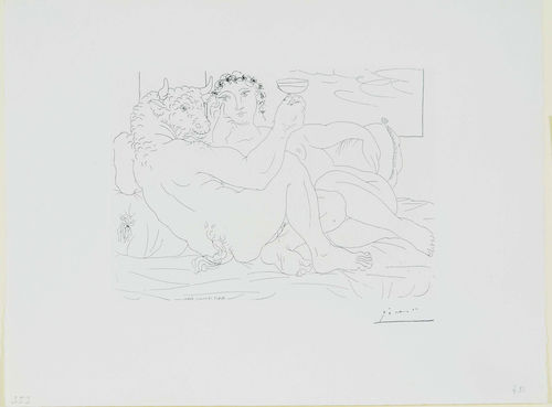 Minotaure buvant avec un modele au repos