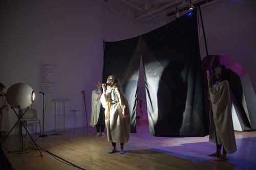 Jeanine Oleson, Hear, Here, experimental opera performed at New Museum, New York, June 13-14, 2014. Writer/Director: Jeanine Oleson; Composers: Rainy Orteca and Kelly Pratt (aurihorn solos); Performers: Beth Griffith, David Gould, Lisa Reynolds, Sister, Diwa Tamrong, Tony Torn and nyx zierhut; Musicians: Rainy Orteca, Kelly Pratt and John Michael Swartz; Costumes: Kim Charles Kay; Lighting Design: Derek Wright. Image courtesy of the artist.