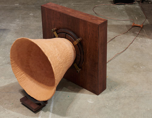 Jeanine Oleson, Matter-phone, 2016. Terracotta, wood, hand-made copper wires, transducer speaker. 21 × 24 × 24 in. (53.3 × 61 × 61 cm). Image courtesy of the artist. Photo: Kyle Knodell.