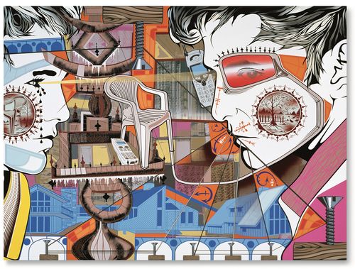 Lari Pittman, Untitled #1, 2000. Alkyd and spray paint on wood. 95 × 128 in. (241.3 × 325.1 cm). Sammlung Goetz, Munich. © Lari Pittman, courtesy of Regen Projects, Los Angeles