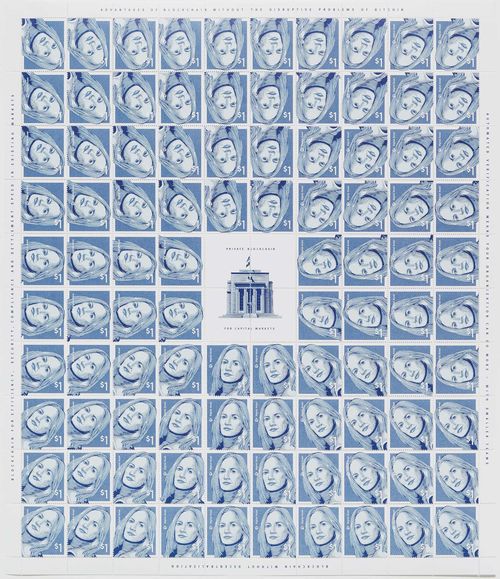 Simon Denny with Linda Kantchev, Blockchain company postage stamp designs: Digital Asset, 2016