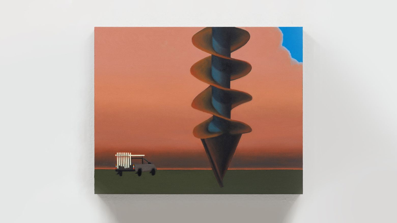 A painting of a small truck next to a large drill