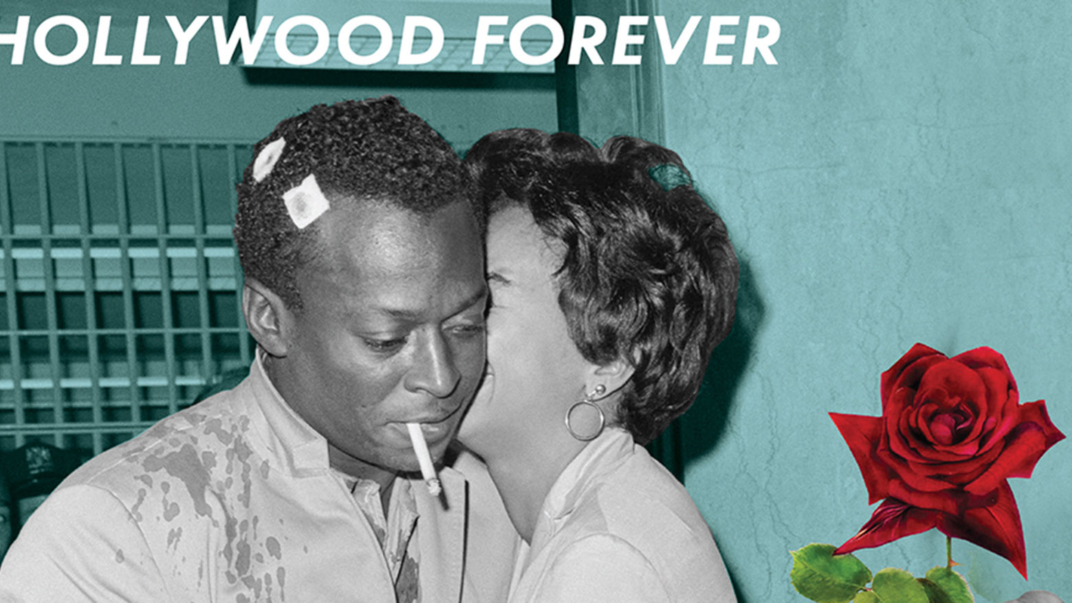 A collage magazine cover of a man and a woman. The words Hollywood Forever are printed across the top, and a red rose is pasted over the image.