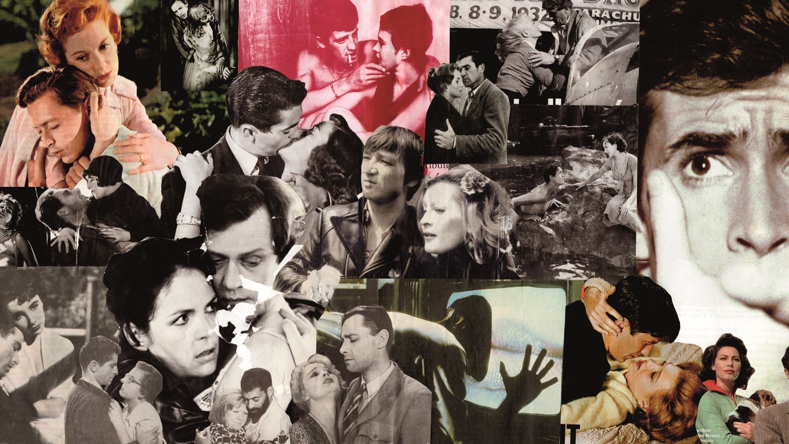 A collage of faces, people embracing