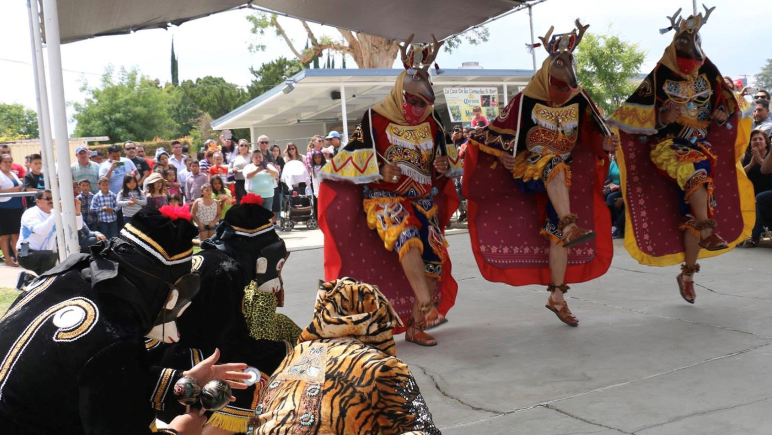 Dancers in animal costumes perform a sacred Mayan Deer Dance