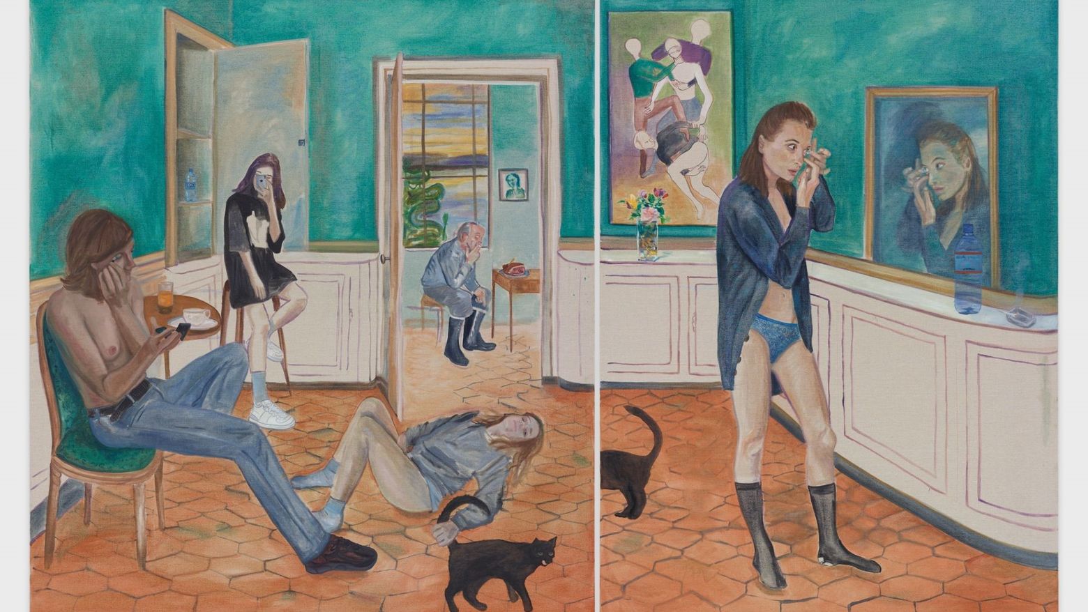 An oil painting of two household scenes