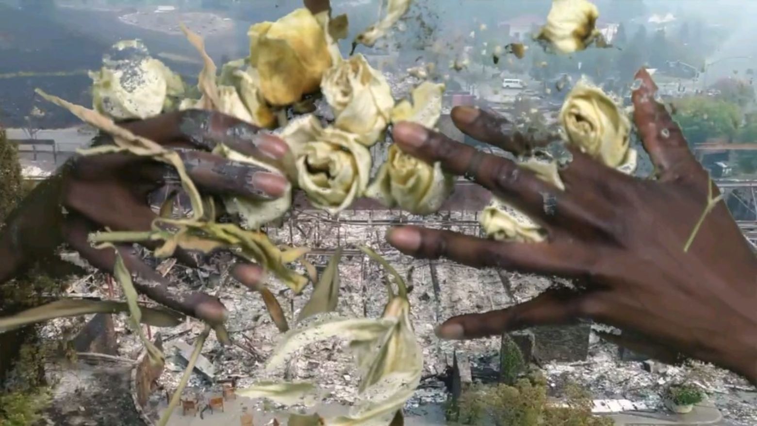 Two pairs of hands wrapped around flowers