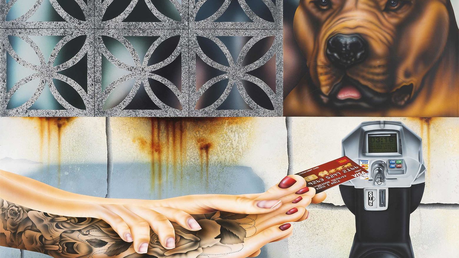 Detail of a realistic painting showing an image of a brick wall, a brown dog, and tattooed hands reaching to a parking meter