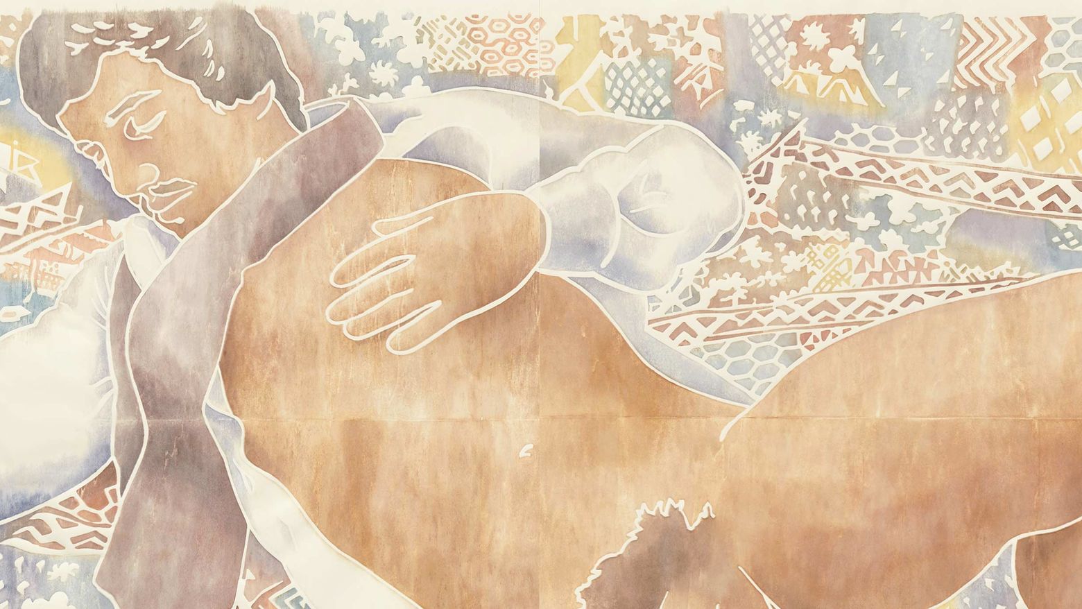 A woodcut of a naked man reclining