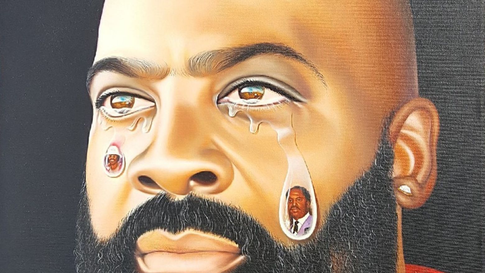 A painted portrait of a man with two teardrops, depicting other men, on his face