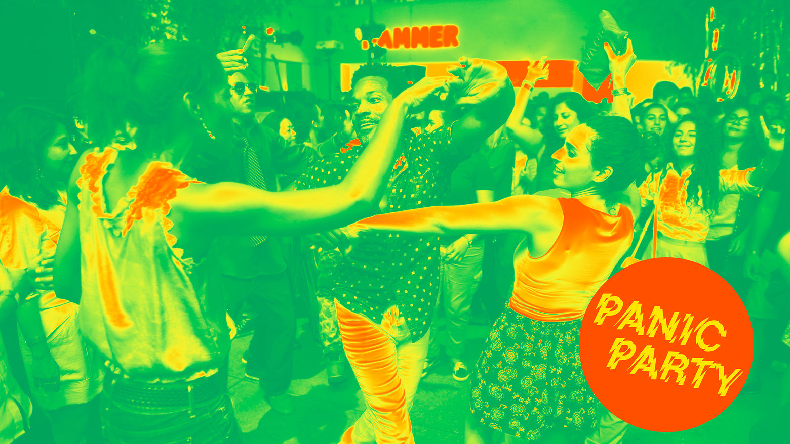 A group of people dancing with an overlay that reads Panic Party