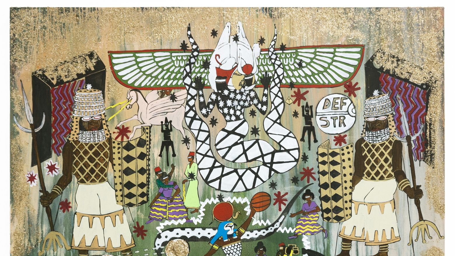 A brightly-colored landscape filled with different figures