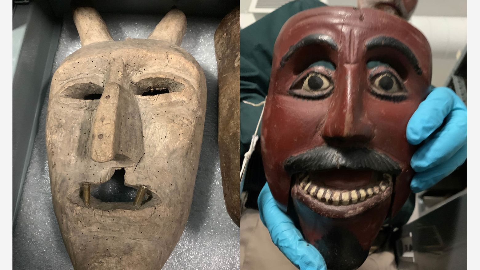 Two masks. On the left a wood mask with horns and two bullets inset into the mouth for teeth. On the right, a burgundy mask with a black moustache, bared teeth, and raised eyebrows is held by two hands wearing blue gloves.