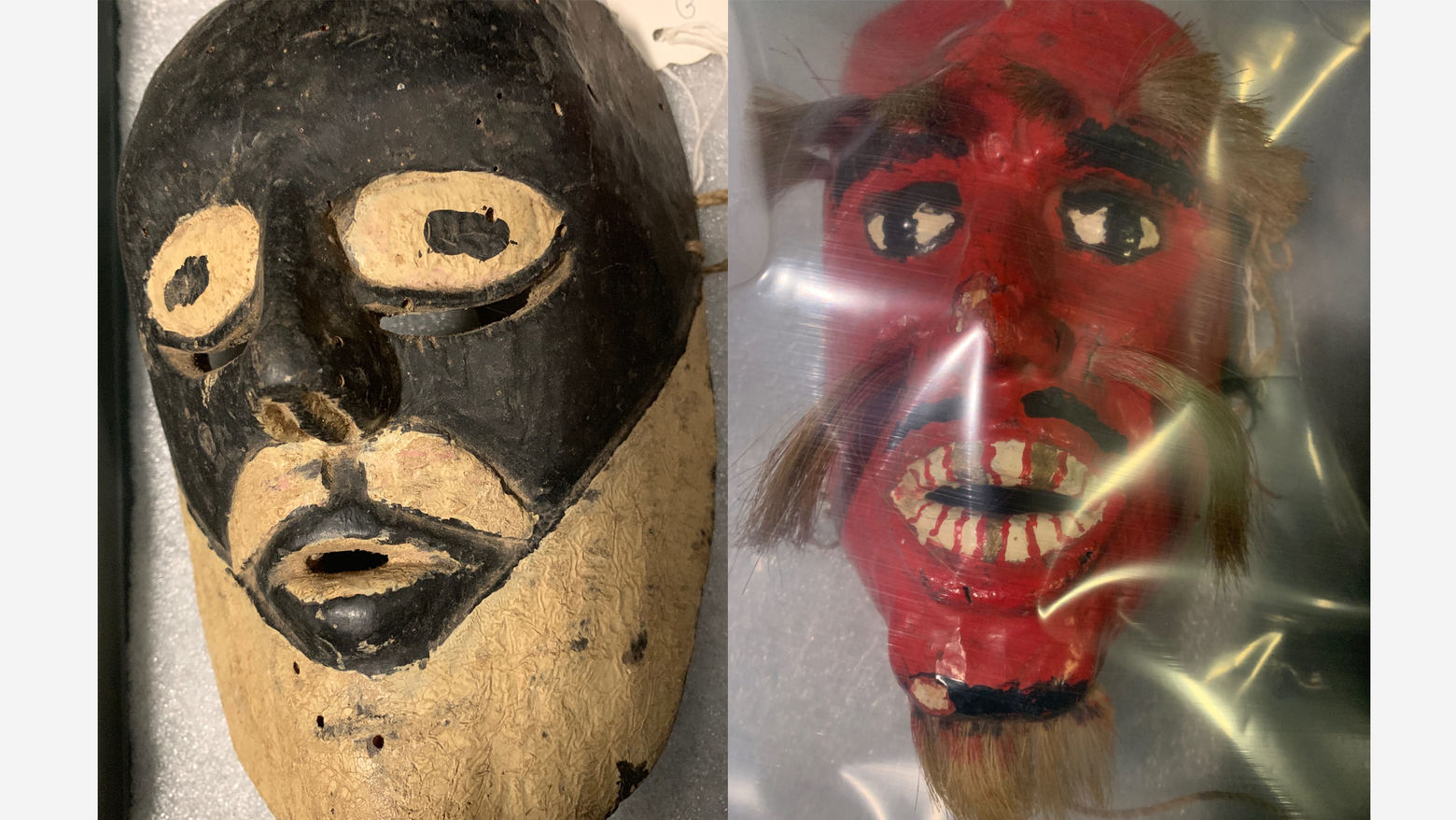 Images of two masks - on the left a wooden mask with black and white, and on the right a red mask with white teeth and hairy eyebrows, mustache and beard is seen underneath plastic