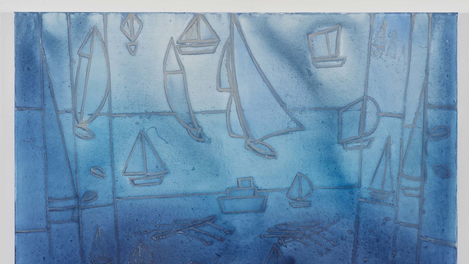 A blue field with sailboats drawn as if in stained glass.