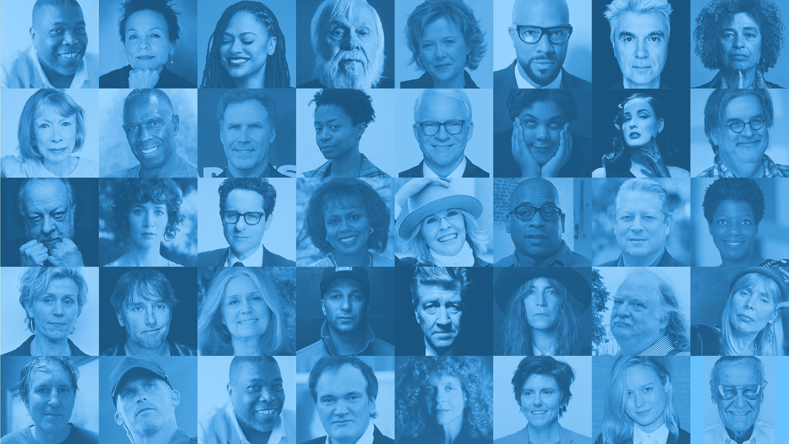 A square grid of 18 portraits in two-tones blue and white. Portraits are of varied adults of various ages and genders.