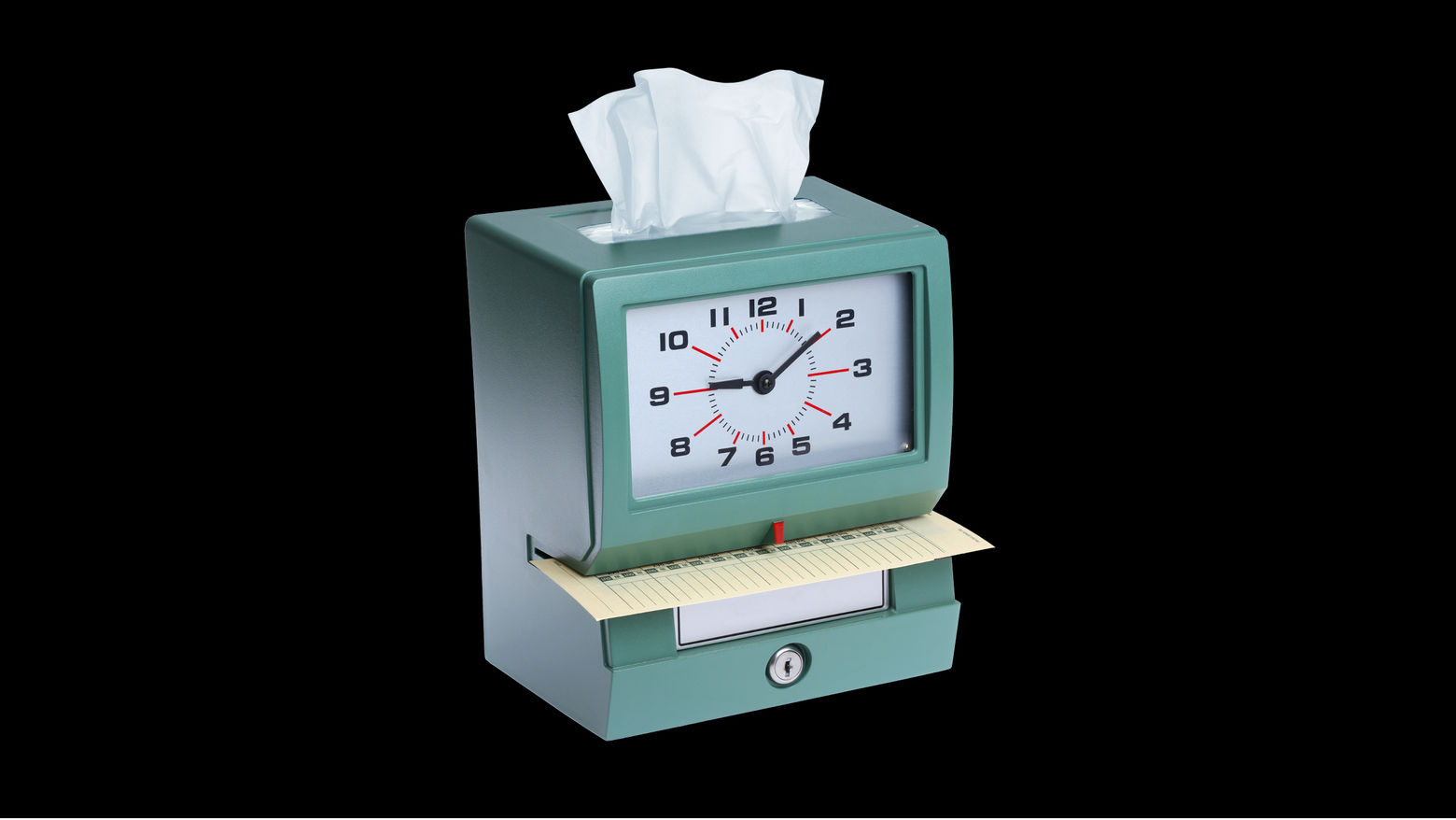 A punch-in clock with a tissue sticking out of the top