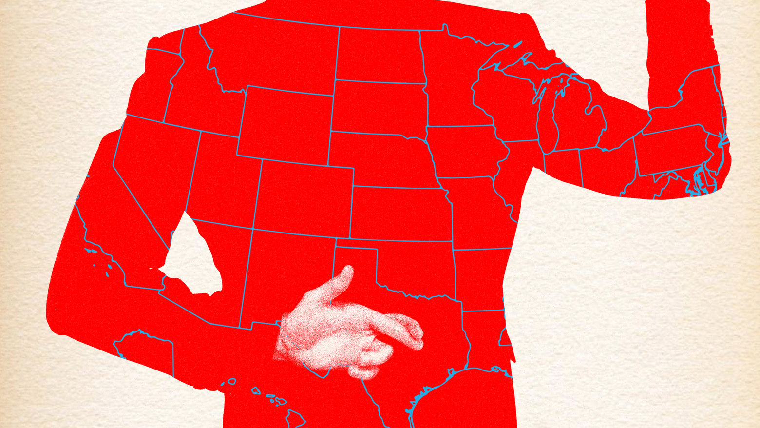 Graphic image of back of person's torso, who is wearing a red jacked with the US states outlined. One arm is behind the back with fingers crossed, the other arm is raised up as if swearing an oath. The torso is visible from below the neck to hip.