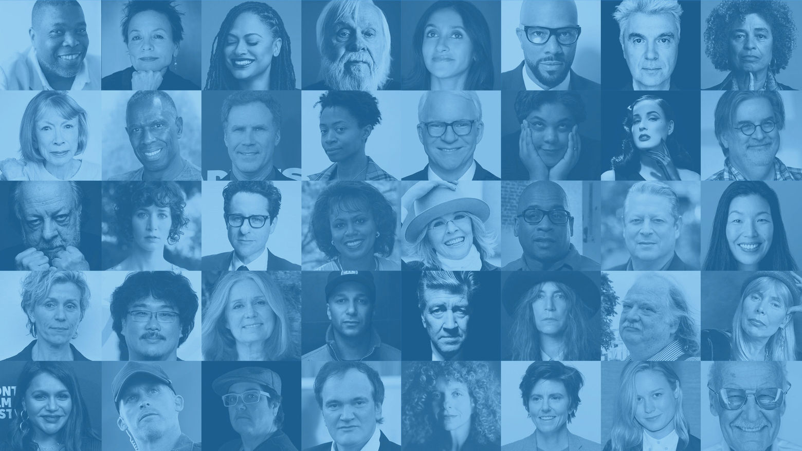 A square grid of 18 portraits in two-tones blue and white. Portraits are of varied adults of various ages and genders.