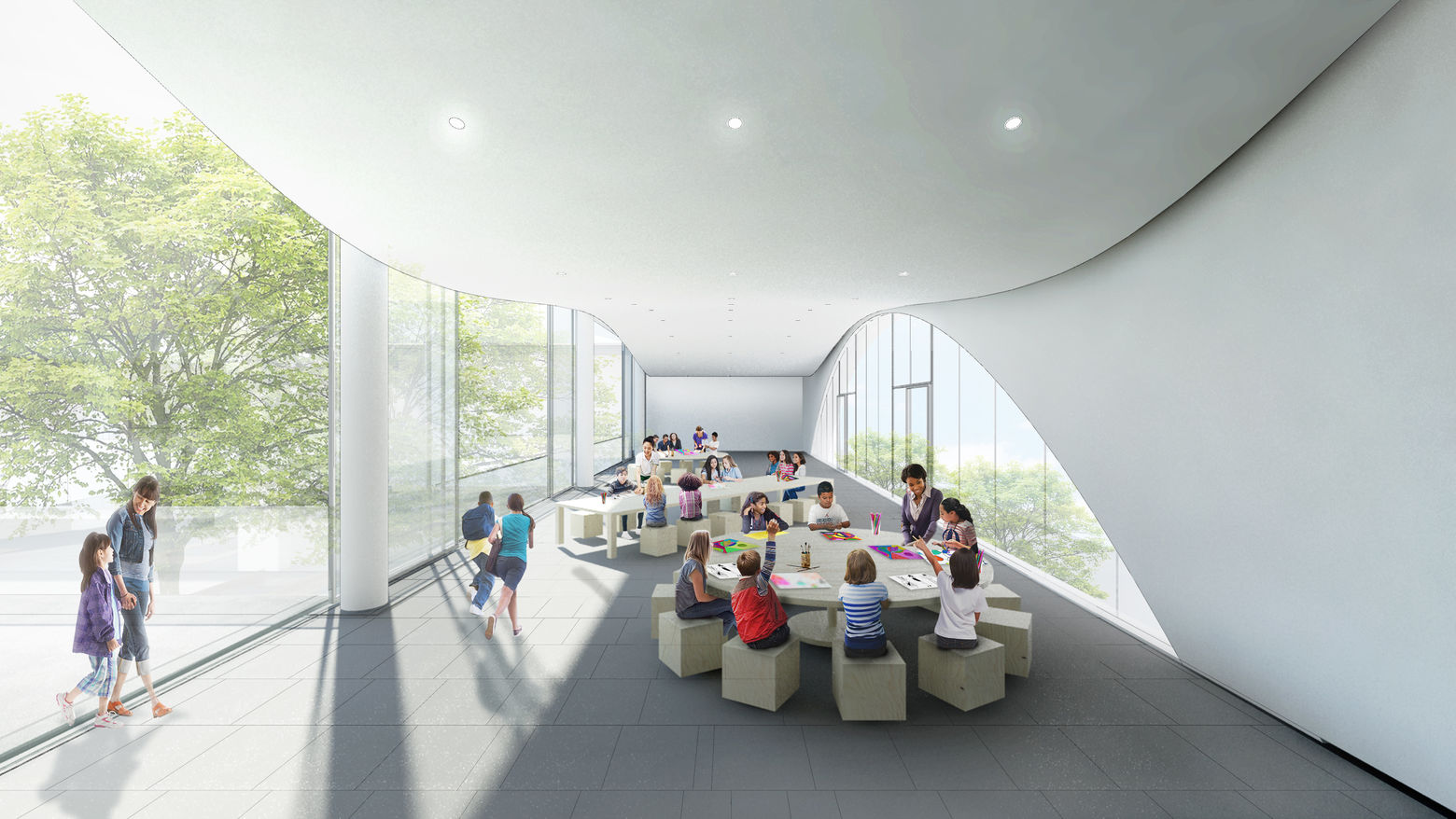 rendering of an indoor/outdoor space in the museum with white walls and bright light. People sit in chairs at tables