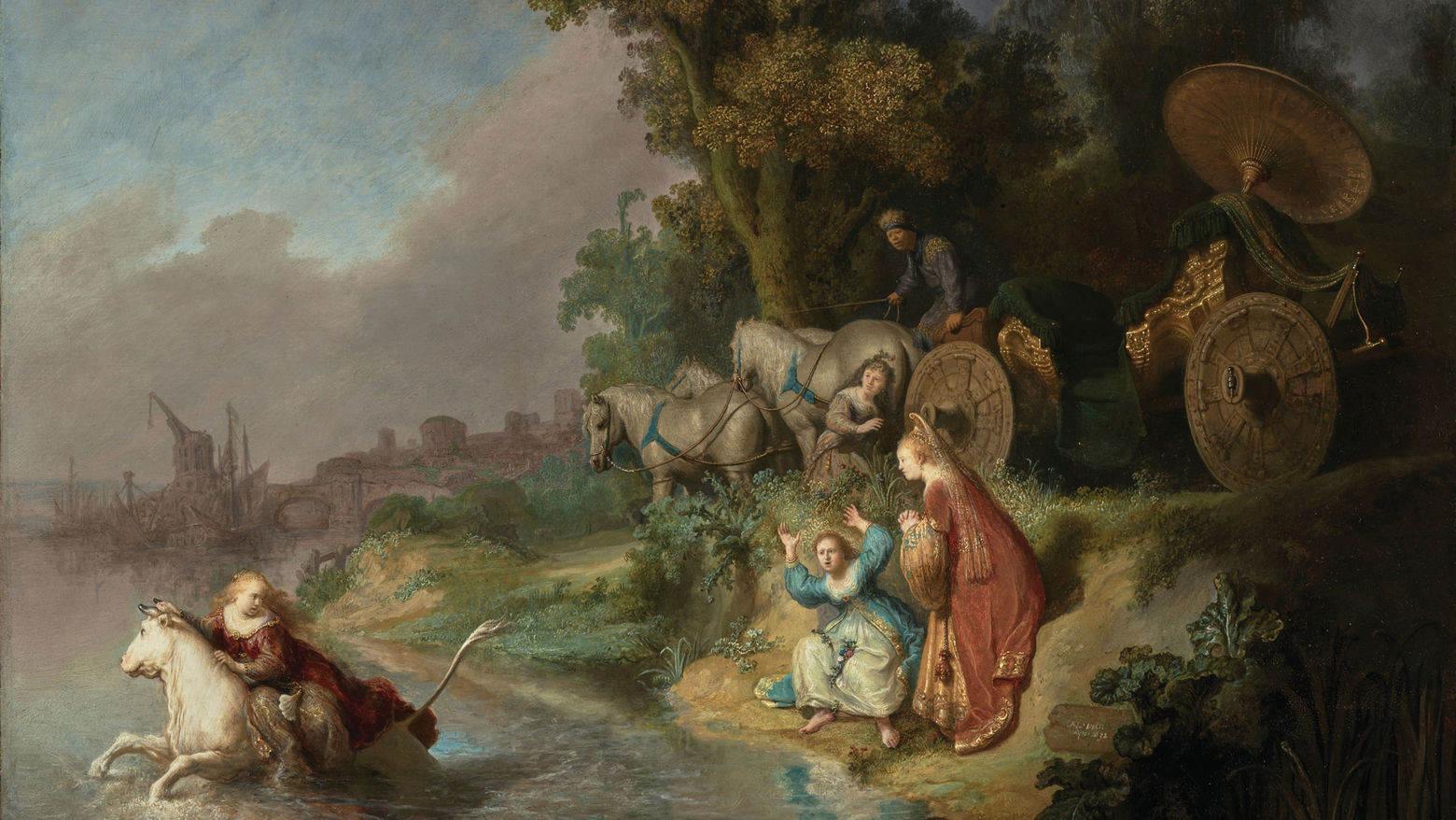 A pastoral painting of colorfully dressed figures and animals in nature