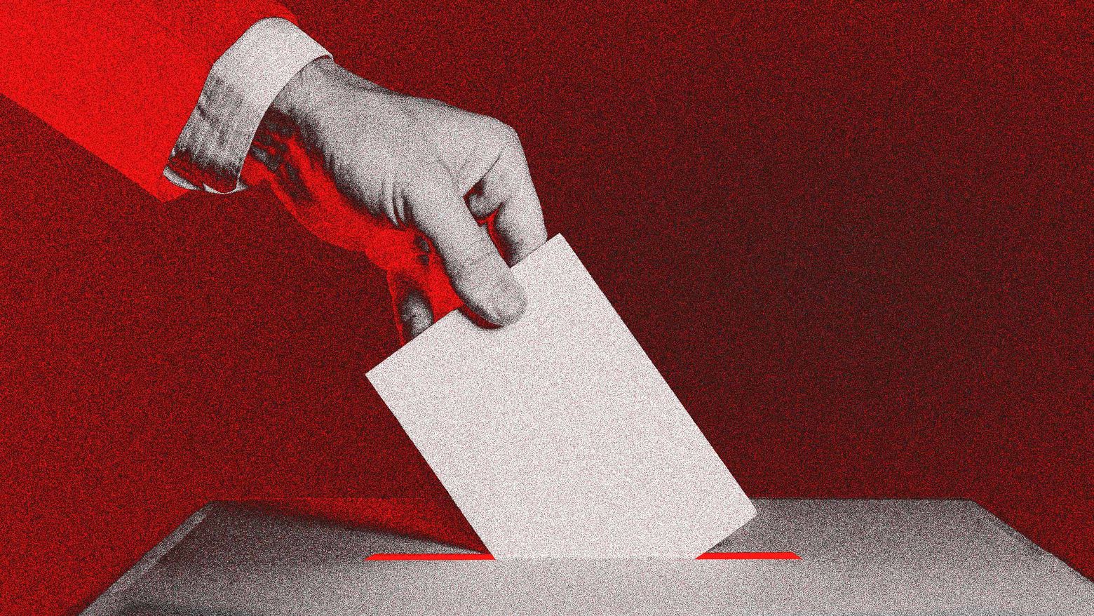 A red-tinted graphic of a hand dropping a piece of paper into a ballot box