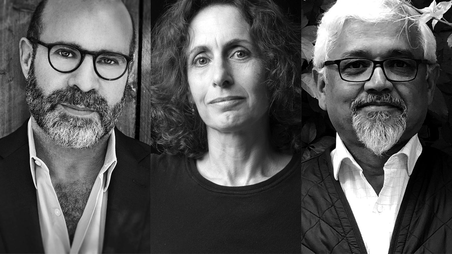 Three photographic portraits in black and white side by side. A man on the left with a beard and glasses, a woman in the middle with long brown hair, and a man on the right with a white beard and glasses.