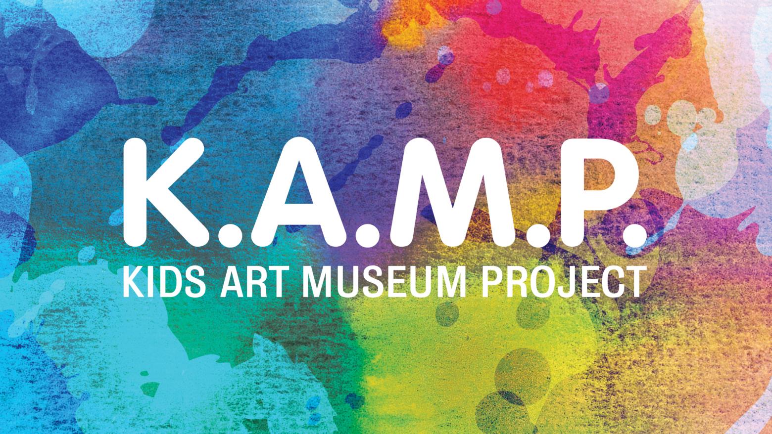 K.A.M.P graphic and logo with colorful splotches of paint.