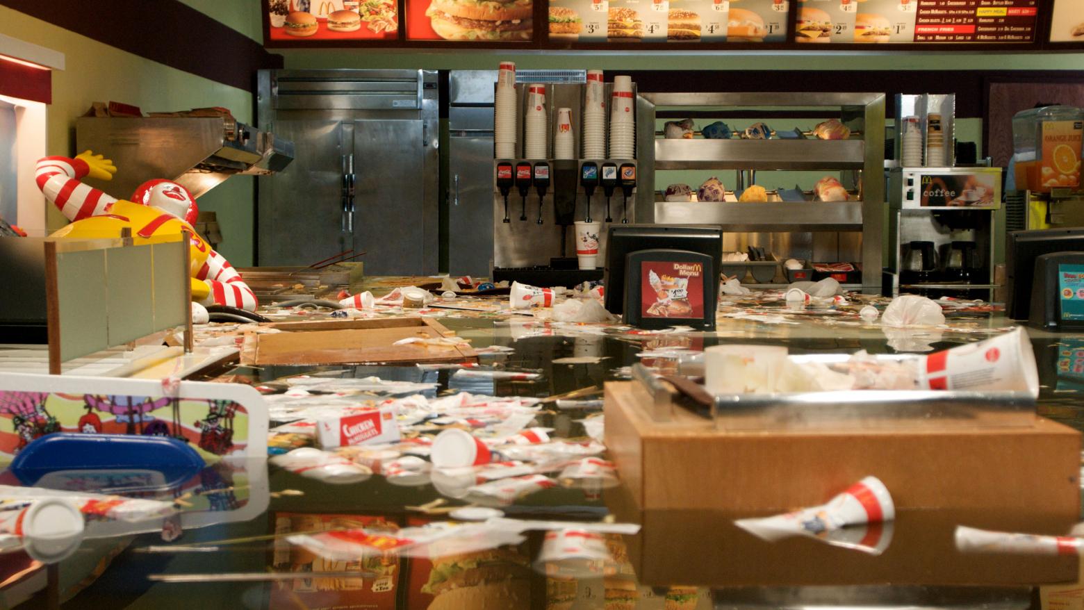 SUPERFLEX, Still from Flooded McDonald’s, 2009. Digital video. 21 min. Purchased jointly by the Hirshhorn Museum and Sculpture Garden, Smithsonian Institution, Washington, DC, and the Hammer Museum, Los Angeles, through the Board of Overseers Acquisition Fund, 2015.