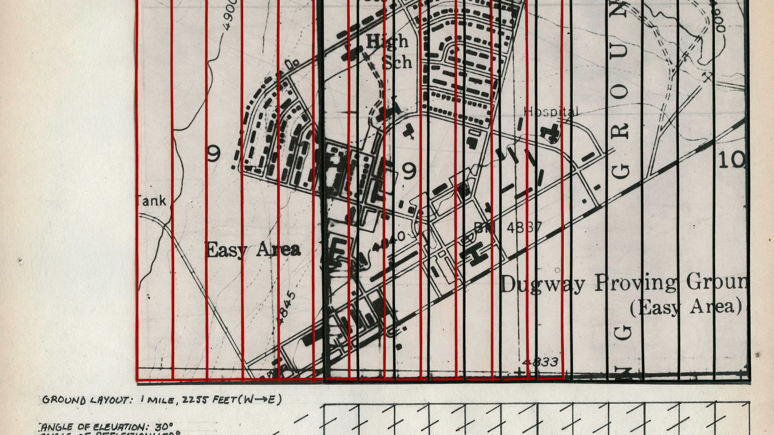 Adrian Piper. Parallel Grid Proposal for Dugway Proving Grounds Headquarters. 1968. Two typescript pages; ink and colored ink on fourteen sheets of paper; architectural tape on acetate over ink on thirteen photostats; and ink on cut-and-pasted map, mounted on colored paper. Detail: Parallel Grid Proposal for Dugway Proving Grounds Headquarters #11, 8 ½ × 11 in. (21.6 × 27.9 cm). Collection Beth Rudin DeWoody. © Adrian Piper Research Archive Foundation Berlin