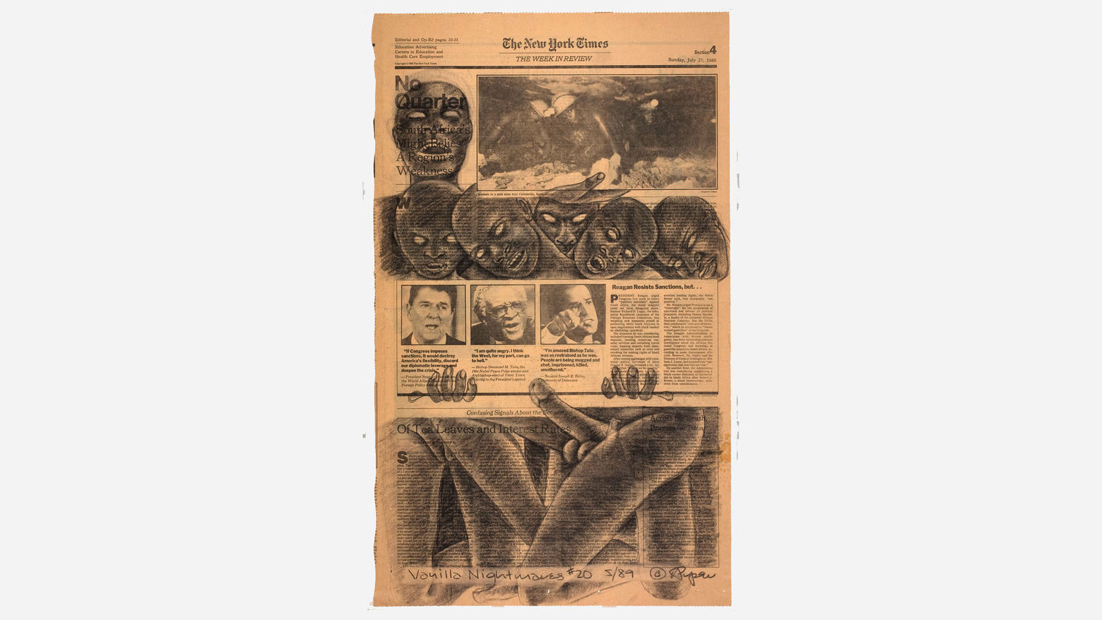 Adrian Piper, Vanilla Nightmares #20, 1989. Charcoal on newspaper. 23 × 13 ¾ in. (58.4 × 34.9 cm). Hammer Museum, Los Angeles. Purchase. © Adrian Piper Research Archive Foundation Berlin.