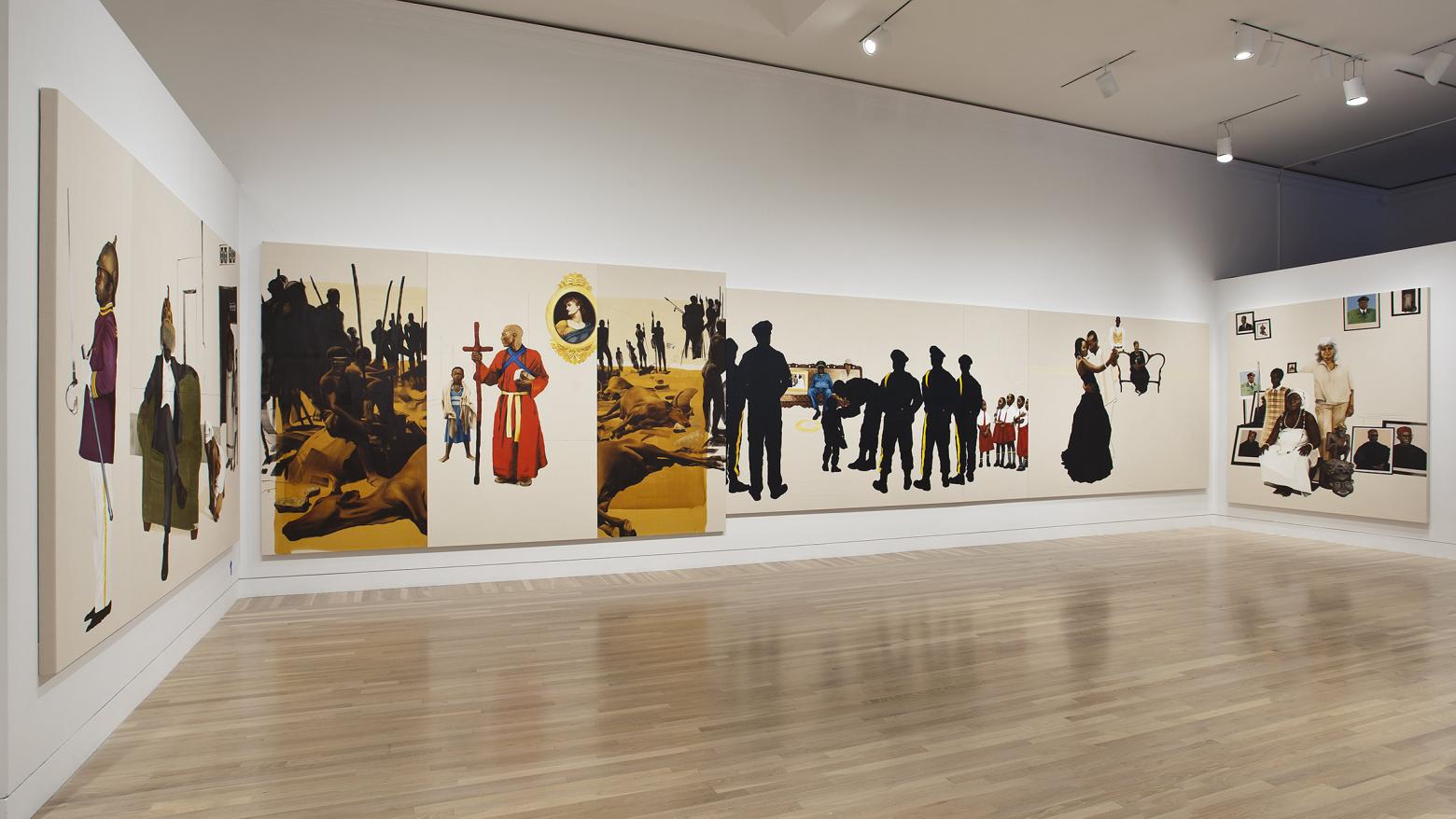 Meleko Mokgosi, Pax Kaffraria: Sikhuselo Sembumbulu, 2011-12. Oil and charcoal on clear primed canvas. 96 × 627 1/4 in. (243.8 × 1593.2 cm). Hammer Museum, Los Angeles. Purchase. © 2012 Meleko Mokgosi