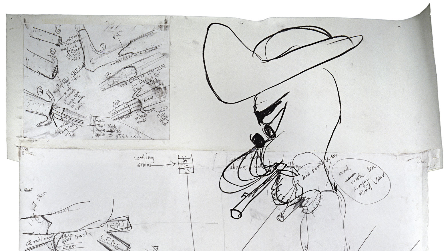 a drawing with black, hand-drawn images on several pieces of white paper, taped together. simple lines sketch out several drawings across the paper, with words written as well. An image of a man with a hat, seated, with his leg outstretched is the largest, central figure.