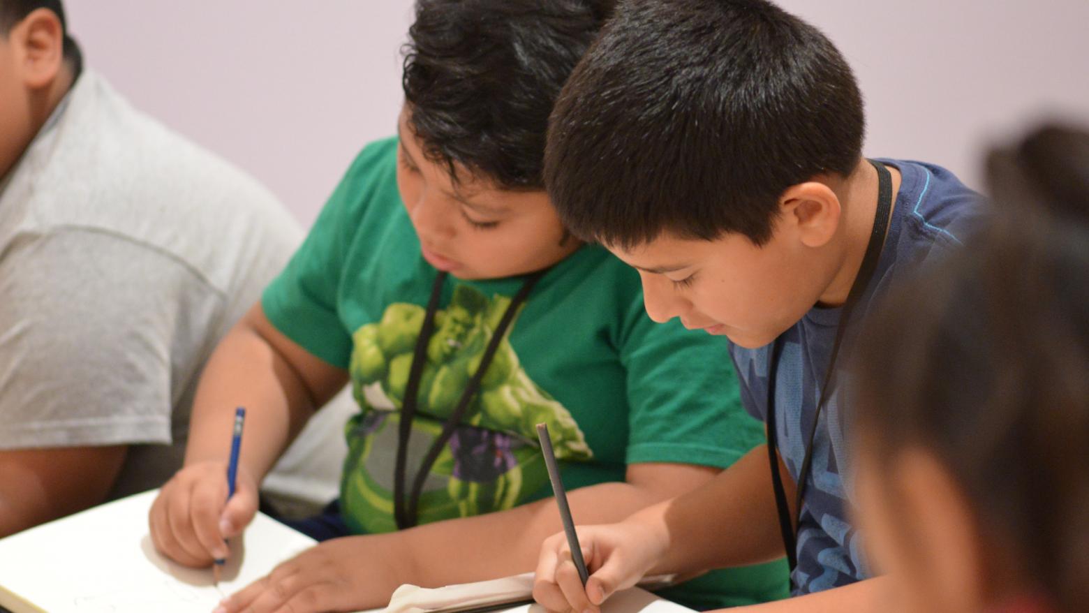 Two boys are writing in notebooks with pencils.
