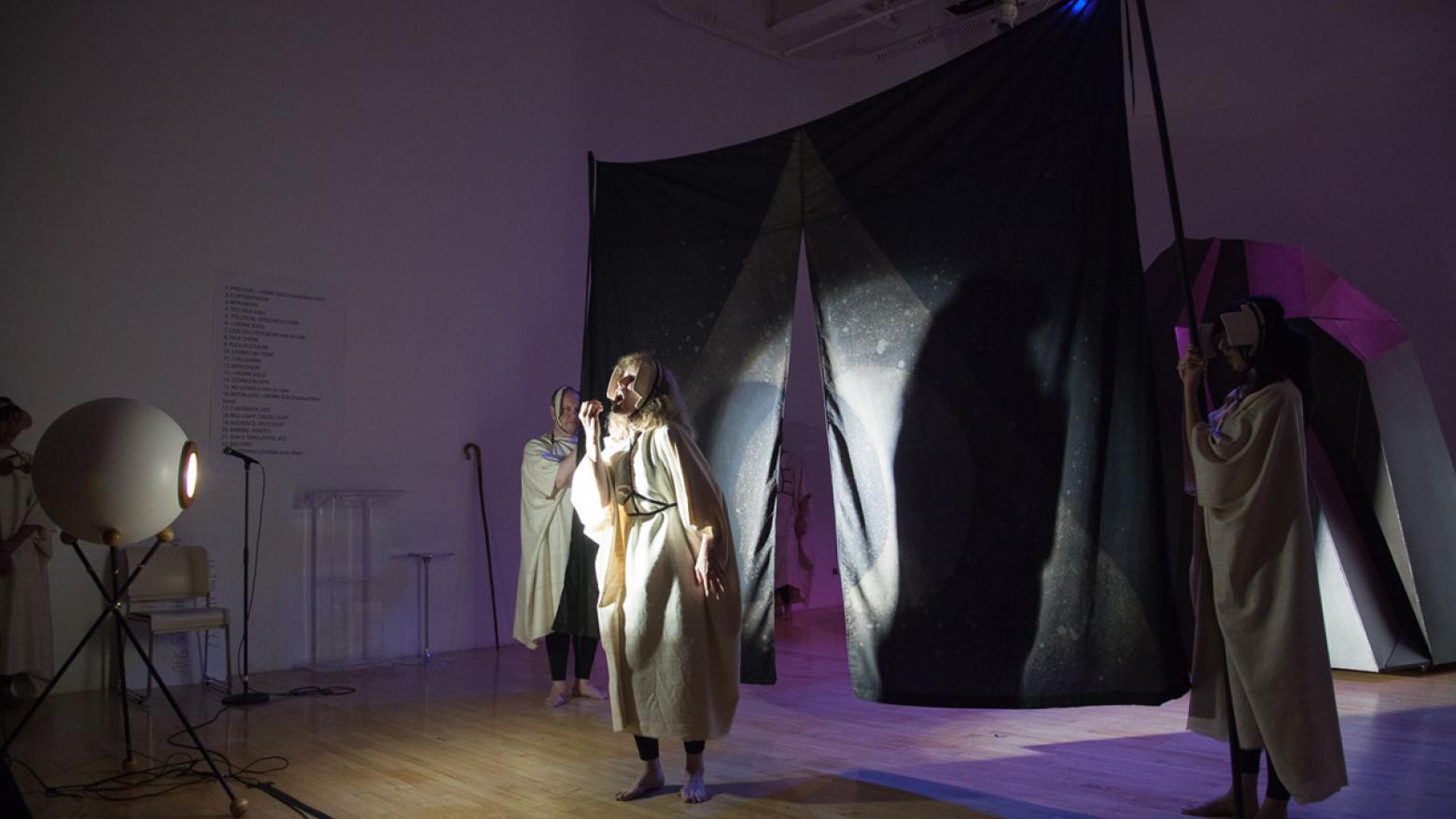 Jeanine Oleson, Hear, Here, experimental opera performed at New Museum, New York, June 13-14, 2014. Writer/Director: Jeanine Oleson; Composers: Rainy Orteca and Kelly Pratt (aurihorn solos); Performers: Beth Griffith, David Gould, Lisa Reynolds, Sister, Diwa Tamrong, Tony Torn and nyx zierhut; Musicians: Rainy Orteca, Kelly Pratt and John Michael Swartz; Costumes: Kim Charles Kay; Lighting Design: Derek Wright. Image courtesy of the artist.