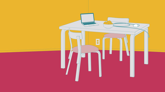 graphic image of a white table and chairs with a computer on the table, with a solid background of yellow covering the top half of the image, and burgundy on the bottom half.