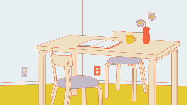 graphic image of a table with chairs. A book and a vase with flowers sit on the table.