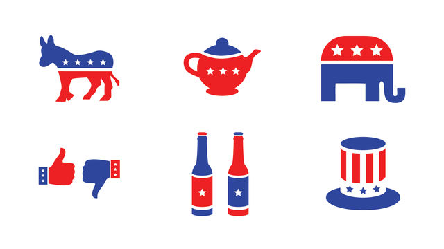 Blue and red graphic icons of the republican and democratic parties, on a white background.