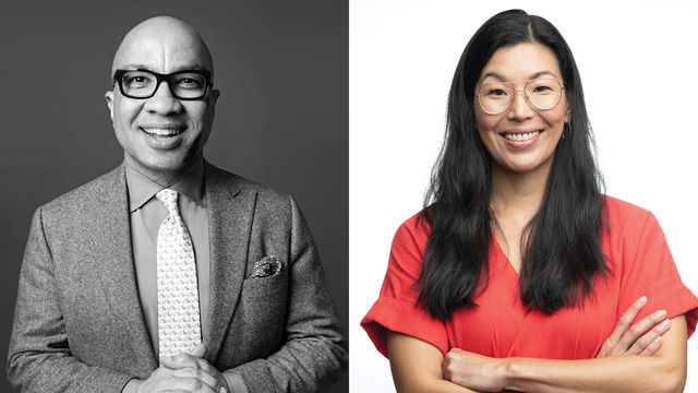 On left, black and white photograph of a man with no hair, glasses, wearing a coat and tie, smiling. On right, image of a woman with long black hair, glasses, smiling, wearing a red shirt