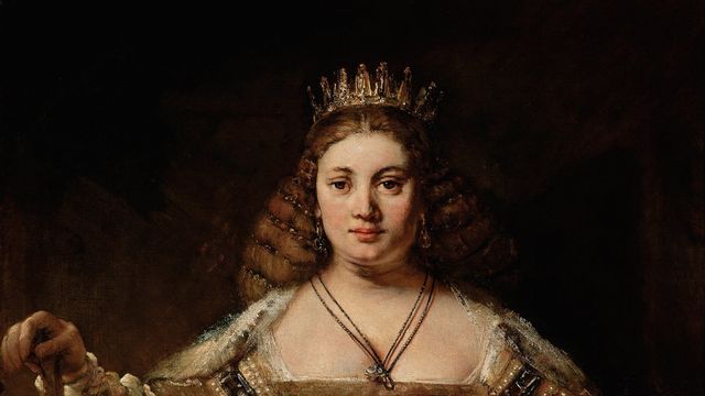 Painting of a woman in a gold dress wearing a crown