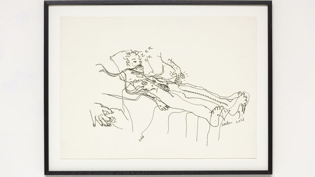 A sketch of a man in a hospital bed