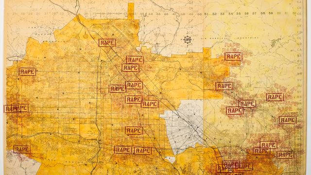A map of the California Southland with stamps reading "Rape" covering much of it