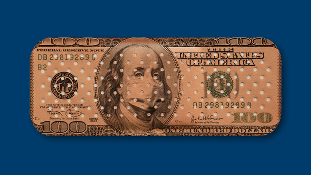 Illustration of a band-aid bearing the partial image of a $100 bill with Benjamin Franklin wearing a medical face mask