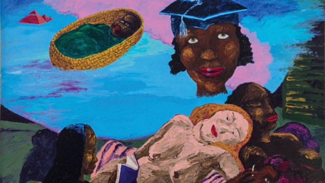 In a colorful painting, a baby in a cradle and a head in a graduation cap float above two reclining figures