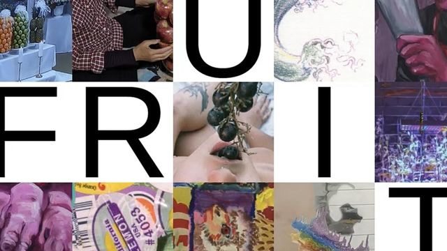 A graphic reading "FRUIT" with purple images of fruits